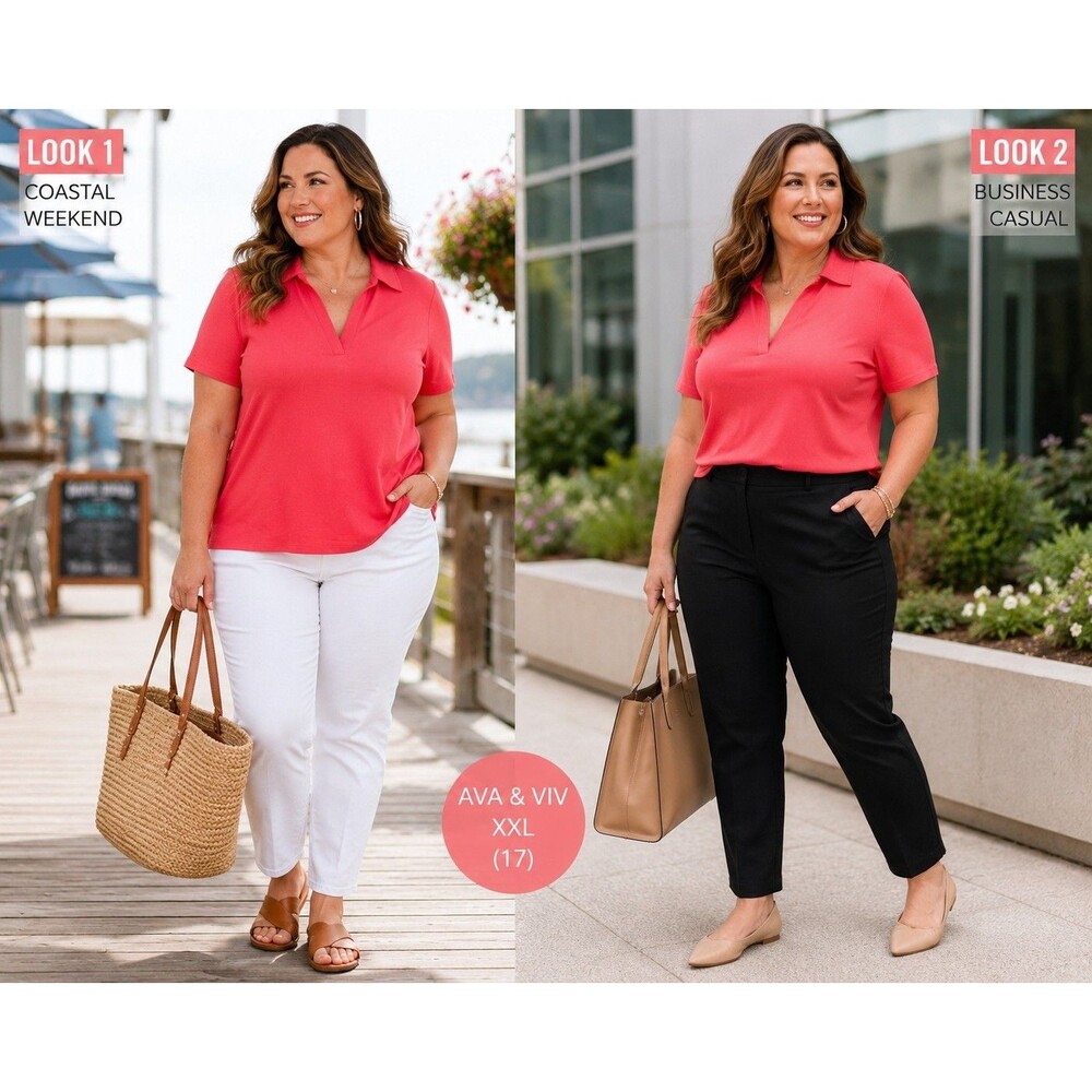 Ava & Viv XXL Coral Ribbed Polo Top Short Sleeve Stretch Knit Preppy Coastal NWT